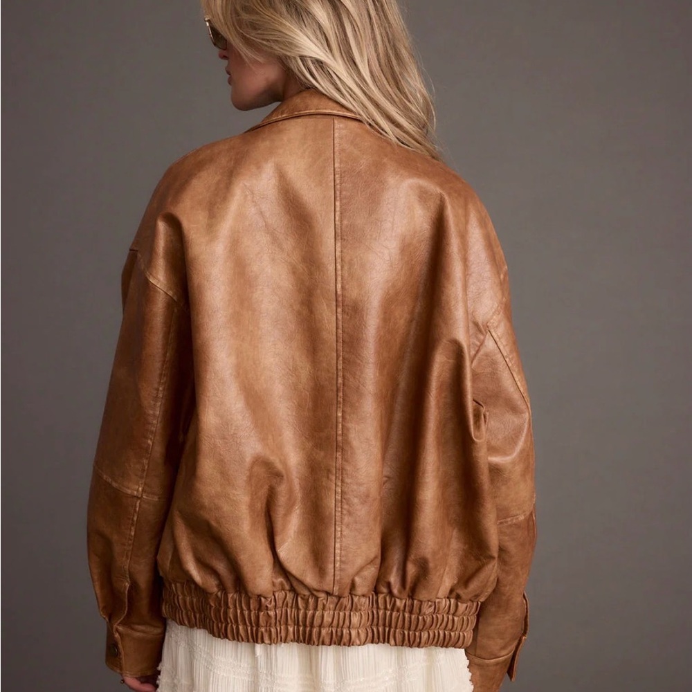 London Calling Cognac Oversized Faux Leather Jacket - Picture 3 of 4